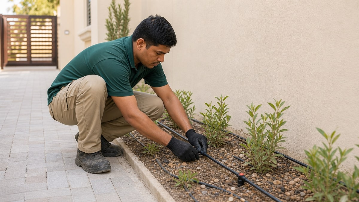 Drip irrigation line installation in a Dubai garden bed