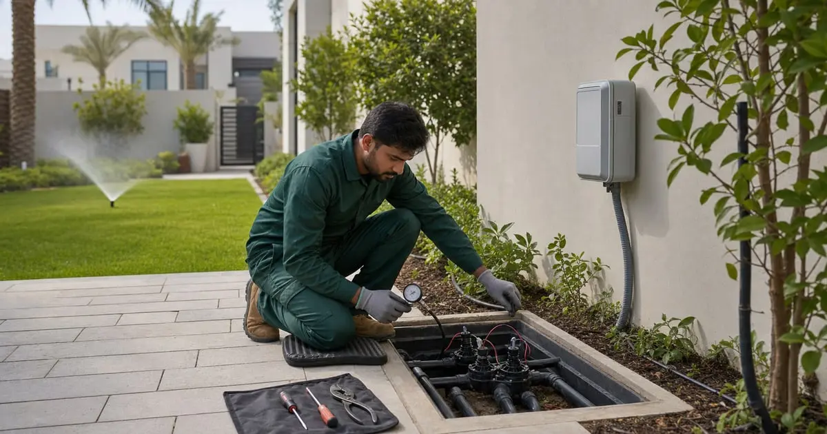 Garden irrigation system with drip lines and sprinkler in Dubai